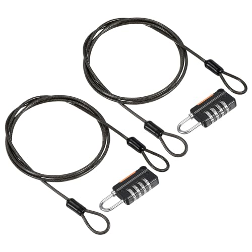 Image of PATIKIL Security Steel Cable with 4 Digit Combination Lock, 2 Set 1.6Ft Coated Safety Wire Rope Double Loop Padlock for Outdoor Travel Luggage, Black
