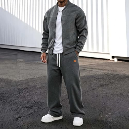 Mens Sweat Sets Ribbed Collar Full Zip Top and Loose Wide Leg Pants Set - image 2