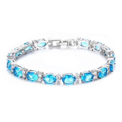 Image of Deyanse Tennis Bracelet for Women, White Gold Plated Bangles with Aquamarine Oval & White Round 5A Cubic Zirconia, Hypoallergenic 7 Inch Birthstone Bracelet, Fashion Women's Bracelets with Gift Box
