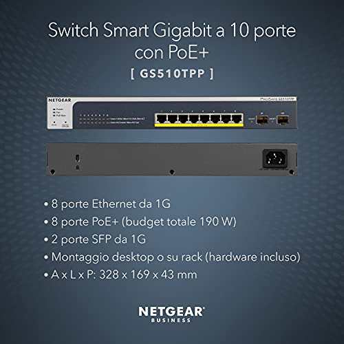Image of NETGEAR 10-Port Gigabit Ethernet Smart Managed Pro PoE Switch (GS510TPP) - with 8 x PoE+ @ 190W, 2 x 1G SFP, Desktop /Rackmount, and ProSAFE Lifetime Protection, Black