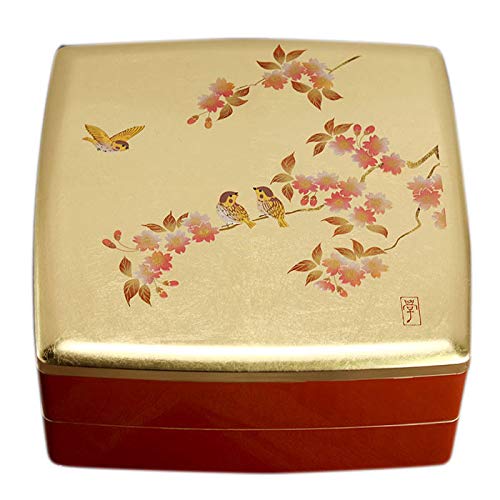 重箱 二段 日本製 国産 お重 8.0 胴張 オードブル 箔工芸 花鳥 中子4個付き 箱入り