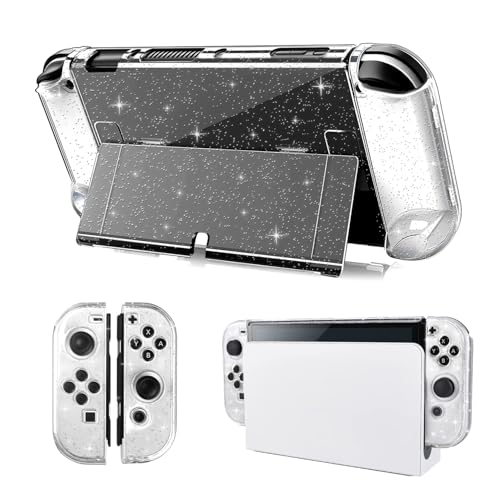 Votvlog Funda Protectora Compatible con Nintendo Switch OLED, Funda Rígida OLED Transparente con Purpurina con Carcasa Abatible, Diseño Dividido, Anticaídas y Absorción de Golpes Protección Completa