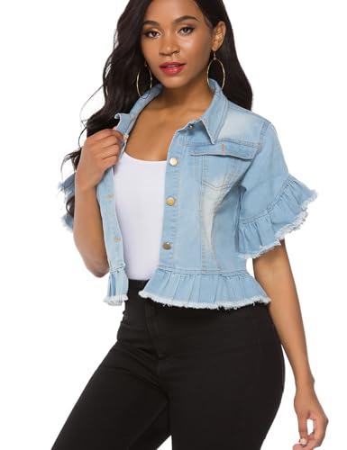 Image of Suvimuga Women's Denim Jacket Button Down Distressed Ruffle Sleeve Crop Jean Jackets Coat