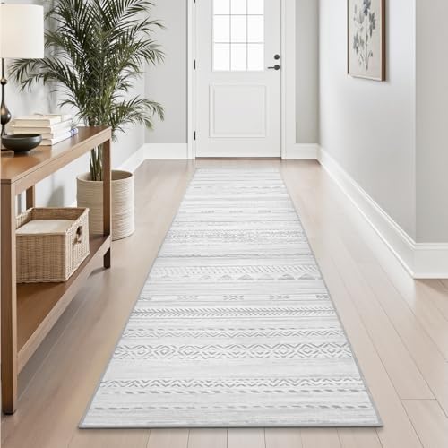 2x10 Runner Rug Machine Washable Non Slip Area Rug Distressed Neutral Moroccan Boho Rug Ultra Soft Floor Runners for Hallways for Entryway Laundry Room Kitchen, Grey Grey 2' x 10' (Runner)