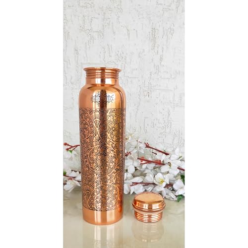 Indian Art Villa Copper Water Bottle, Dark Embossed Design, Ayurvedic Health Benefits, Brown (900 ml/0.9 Litre)