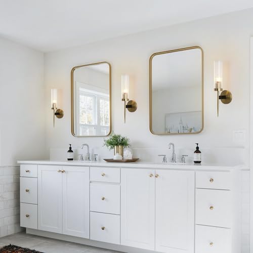 Image of BOKT Modern Cylinder Sconces Wall Lighting Set of Two Mid Century Antique Brass Gold 1-Light Wall Sconce Set of 2 Clear Crystal Glass Wall Sconce Lamp for Bathroom