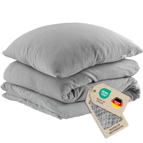 Pure Label Musselin Bettwäsche 135x200+80x80 cm 100% Baumwolle - Grau – Ansicht 1
