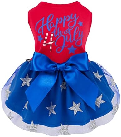 Fitwarm Happy 4th of July Dog Tulle Dress, Patriotic Dog Clothes for Small Dogs Girl, Cat Apparel, Red, Royal Blue, XSmall
