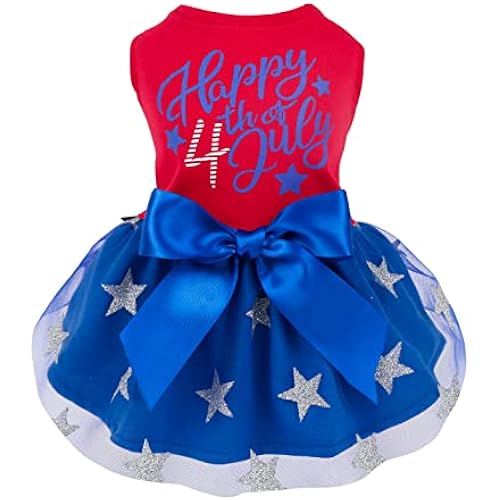 Fitwarm Happy 4th of July Dog Tulle Dress, Patriotic Dog Clothes for Small Dogs Girl, Red and White Star Pet Outfit, Red, Royal Blue, Medium