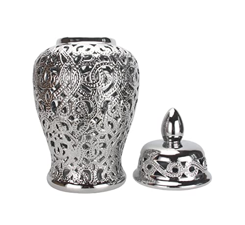 Noori Home - 100% Modern Glam Artisan Ceramic PARKER Large Silver Ginger Jar Urns with Lid 11x11x25