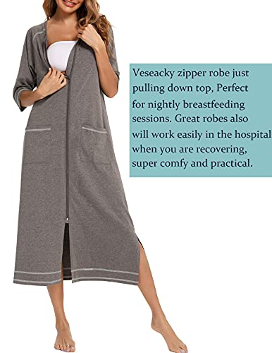 Image of Veseacky Women Robe Zipper Front House Coat 3 /4 Sleeve Nightgown Full Length Ladies Lounge Dress with Pockets S-XXL
