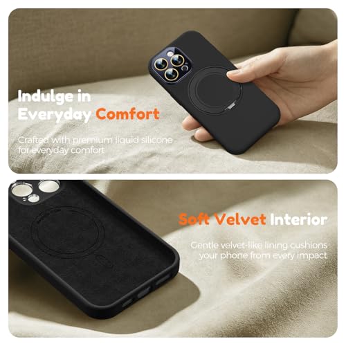Image of Silicone 360 Spin Magnetic Stand Case for iPhone 16 Pro Max, [Compatible with Mag-Safe][Reinforced Hard Camera Protection] Liquid Silicone Rubber Phone Cover with Ring, Camera Button, Jet Black