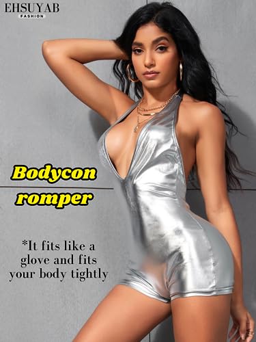 Image of EHSUYAB Sexy Metallic Bodycon Romper, Tie Halter, One Piece Backless Club Outfit