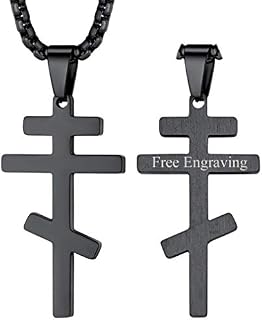 FaithHeart Mens Christian Necklace Personalised Russian Orthodox Eastern Cross Pendant Stainless Steel Crucifix Neck Charm Jesus Christ Jewellery Religious Gift