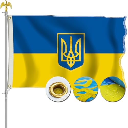 STREBAN Ukrainian Flag 3x5 Outdoor - Embroidered Design Heavy Duty Polyester Ukraine Flag with Sewn Stripes, Brass Grommets