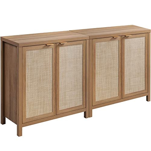 Sicotas Rattan Sideboard Buffet Cabinet Set Of 2 - Farmhouse Kitchen Coffee Bar Cabinet With Rattan Decorated Door - Boho Accent Credenza Storage Cabinet Cupboard Console Table For Home Bar - Natural #TOP16