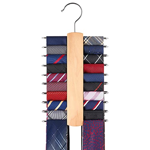Mkono Wooden Tie Rack Retro Belt Storage Hanger Organizer for Men Closet Space Saving Rack with 20 Non-Slip Hooks for Ties Belt Scarf Organizer 360 Rotate Hanger Tie Display Holder (1