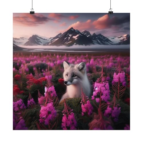 Fireweed and Arctic Fox in Tundra Areas in Alaska - Made in USA - 18x18 Inch Matte Poster