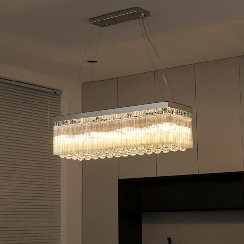 Modern Chandelier for Dining Room, 8 Lights Rectangle K9 Crystal Chandelier Stainless Steel Base, Luxury Linear Pendant Light Kitchen Ceiling Light for Dining Living Room Entryway Foyer D31.5'