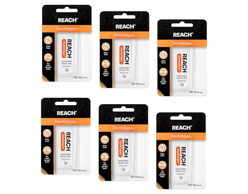 Reach Dentotape Waxed Dental Floss with Extra Wide Cleaning Surface for Large Spaces between Teeth, Unflavored, 100 Yards(6pk)