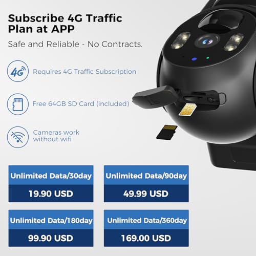 Hiseeu 4G LTE Cellular Security Camera Solar Powered, No WiFi Security Camera Wireless Outdoor, PIR Motion, 2 Way Talk, 360° PTZ, 2K Color Night Vision, 64G SD & SIM Card Included - Thumbnail 3