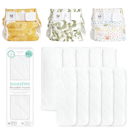 Image of Honest Hybrid Cloth Diaper Cover + Super Boosties Reusable Inserts, Medium (12-25 lbs), Cotton Muslin Honest Covers Feature Pocket-Sling, 3 Pack, Boosties Inserts 10 Count