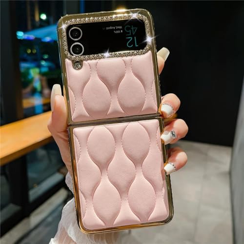 Coque Galaxy Z Flip 5 or et diamants : l'élégance du cuir souple rose