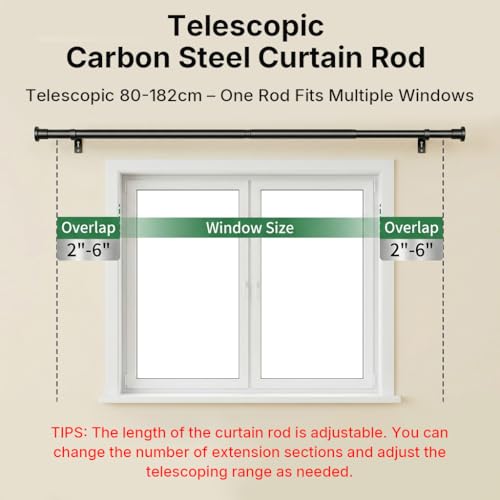 Image of HASTHIP Carbon Steel Curtain Rod Telescopic 80-182cm, Adjustable Length Extendable Drapery Rod with Wall Mount Brackets, Black Curtain Pole for Windows, Living Room Bedroom Home Decor