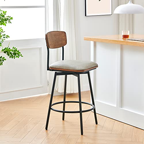 Chita Swivel Counter Height Bar Stools With Back, Faux Leather Upholstered Barstools Set Of 2, 27'' Seat Height, Metal & Wood Frame, Sand Grey #TOP1