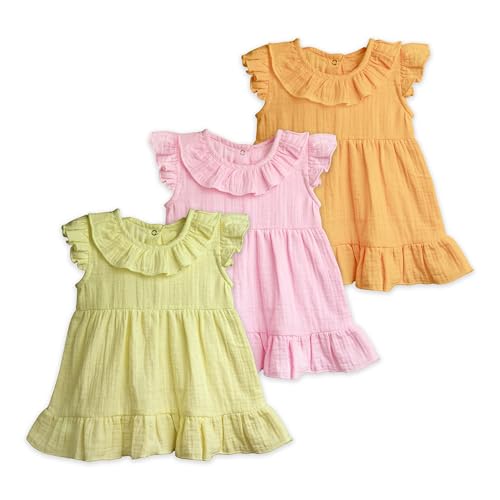 Image of Kidbea Baby Girl Cotton Summer Casual Short Ruffled Sleeve & Hem Soft Breathable Fabric Frocks Sundress Princess Dress for Kids