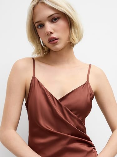 CIDER Satin Dress Midi Elegant V Neck Sleeveless Cocktail Party Dresses for Women Middle Waist Solid Slit Dress2