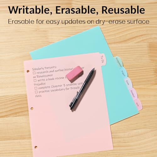image for Sooez 8-Tab Long-Lasting Plastic Write & Erase Big Tab Dividers for 3 