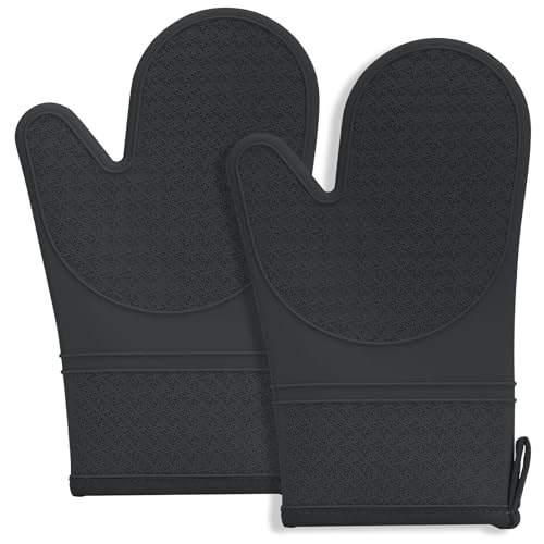 Silicone Oven Mitts, Oven Gloves with Non-Slip Waterproof – 2PCS Black Oven Mittens Heat Resistant 600 Degree, Soft Lining Silicone Oven Mits for Cooking Baking Kitchen Mitten