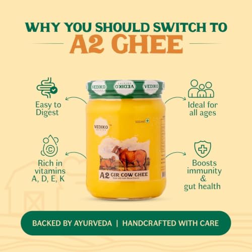 Image of Vediko Origins A2 Gir Cow Ghee | Traditional Bilona Method | Curd-Churned & Firewood-Cooked | Grass-Fed Desi Gir Cows | Danedar, Ayurvedic, Lactose-Free Ghee (500ml)
