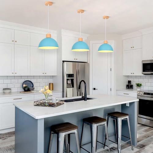 iDEGU 25cm Retro Pendant Light E27 LED Ceiling Light Modern Scandinavian Style Hemisphere Hanging Lampshade Metal Wood Pendant Light Fixture for Bedroom Dining Room Kitchen Restaurant (Blue) - Image 4