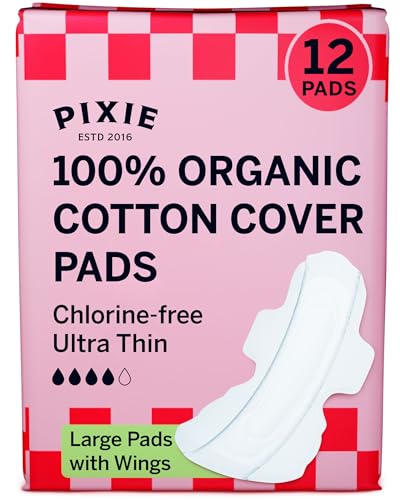 Pixie Compresas Large de Algodón Orgánico con Alas – Máxima Protección Extra Absorción – Antifugas, Hipoalergénicas y Sin Perfume – Compostables, Biodegradables – 12 Unidades