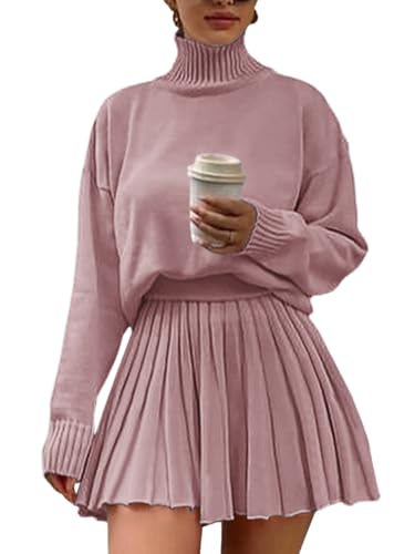 Jenisso Women's 2 Piece Outfits Turtleneck Long Sleeve Oversized Pullover Sweaters And Pleated Mini Skirt Two Piece Sets(Dusty Pink,L)