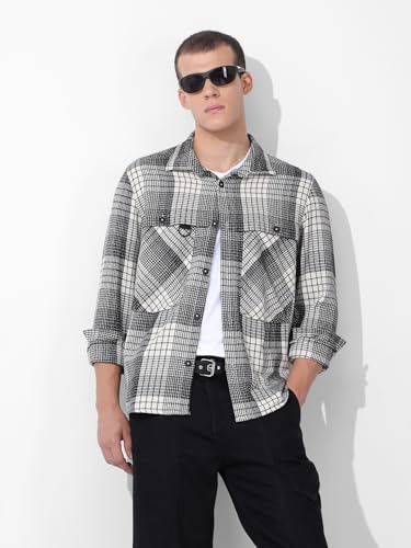 Image of THE INDIAN GARAGE CO Men Regular Fit Checkered Full Sleeves Cutaway Collar Casual Overshirt