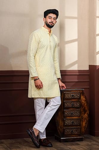 Image of ALMORA Men's Embroidered with Thread Work and Cotton Blend Only Slim Fit Kurta for Men