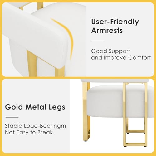 Image of Boucle Dining Chairs Set 2, White Upholstered Accent Armchairs, Gold Legs | STHOUYN Mid Century Modern Barrel Style, Gold Metal Legs, Kitchen Living Room Apartment