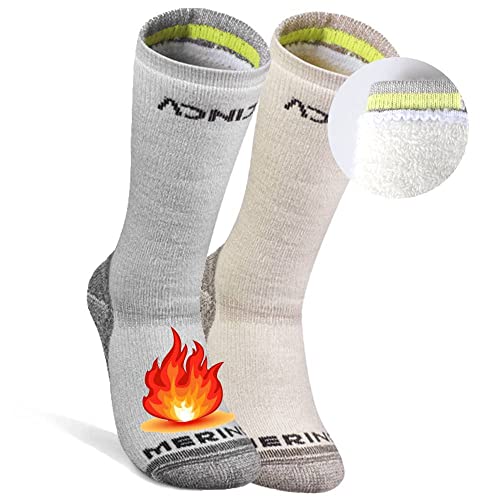 AONIJIE 2 Pairs 78% Merino Wool Hiking Cushioning Socks Moisture Wicking Performance Socks Thermal Ski Socks for Women & Men(A: Khaki+Grey, Small)
