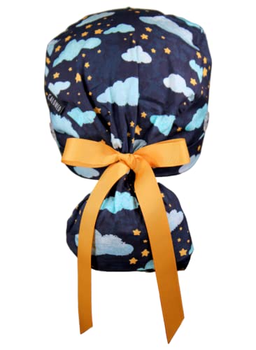 Image of Scrub Cap for Women and Men, Ponytail Scrub Caps, Working Hat, Head Cover with Ribbon Ties and Buttons, Long Hair