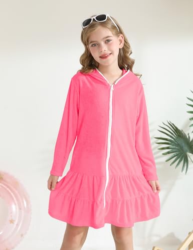 Image of Girls Swim Cover Up Kids Long Sleeve Swimsuit Coverup Terry Beach Pool Clothes with Sunglasses