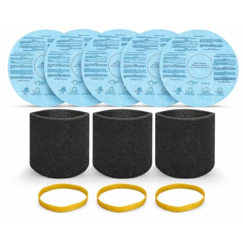 3-Pack Compatible with 90585 shop vac filter foam Sleeve + 5-Pack 90107/90137 Reusable Dry Disc Filters Kit with 3 Retaining Bands Compatible with Shop-Vac VacMaster Genie 5 Gallon Wet/Dry Vac.