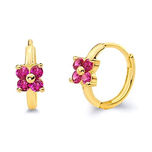 14k Yellow Gold Flower CZ Huggie Earrings (10 x 10 mm) - 2 Different Color Available