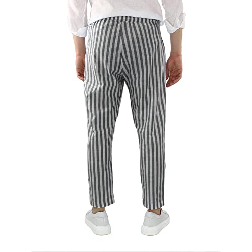 Rela Bota Mens Fashion Cotton Linen Pants Casual Striped Chino Dress Slim Fit Drawstring Slack Straight Trousers4