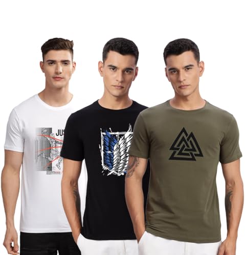 Image of ADRO 100% Cotton Lycra Tshirts for Men Combo Pack of 3 | Regular Fit | Printed T Shirt | Round Neck Half Sleeve| Mens Tshirts