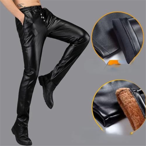 FULBHPRINT Men’S Winter Fleece-Lined PU Leather Pants Stretch Slim Fit Thickened Motorcycle Riding Trousers with Tapered Legs3