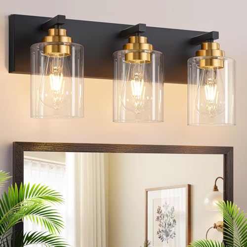 Image of Vanity Lights for Bathroom, 3-Light Black and Gold Bathroom Vanity Light Over Mirror with Clear Glass Shades, Modern Bathroom Light Fixtures for Living Room Hallway Cabinet (Bulbs Not Included)