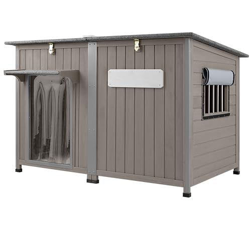 PetsCosset 55" Extra Large Outdoor Dog House Weatherproof Wooden Doghouse Indoor for Large Breed Dogs with Anti Bite Frames with Window,10 Elevated Feet, Reinforced Bottom for Pet Up to 220LBS